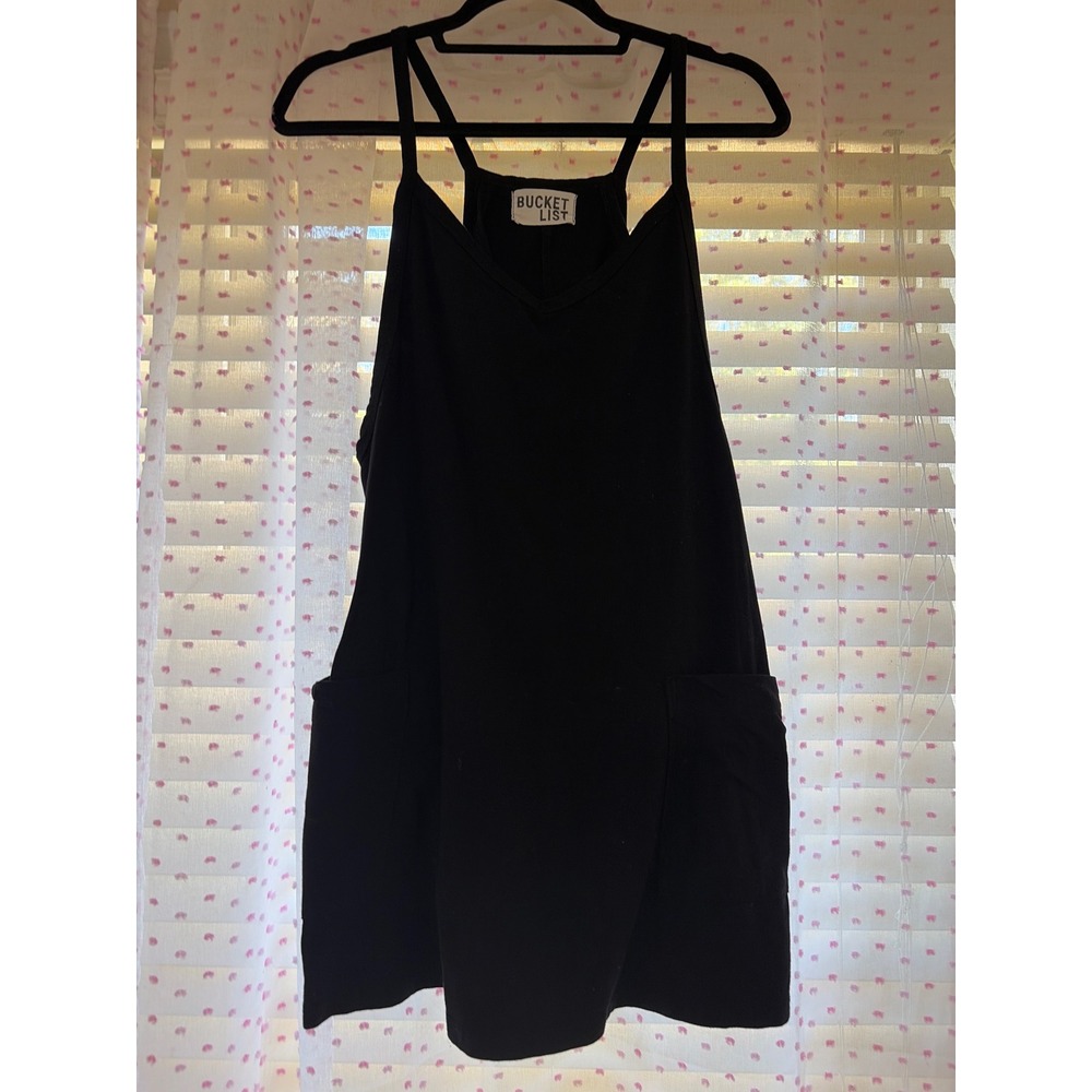 Bucket List Black Mini Overall Dress Pinafore Double Strap Pockets Womens L